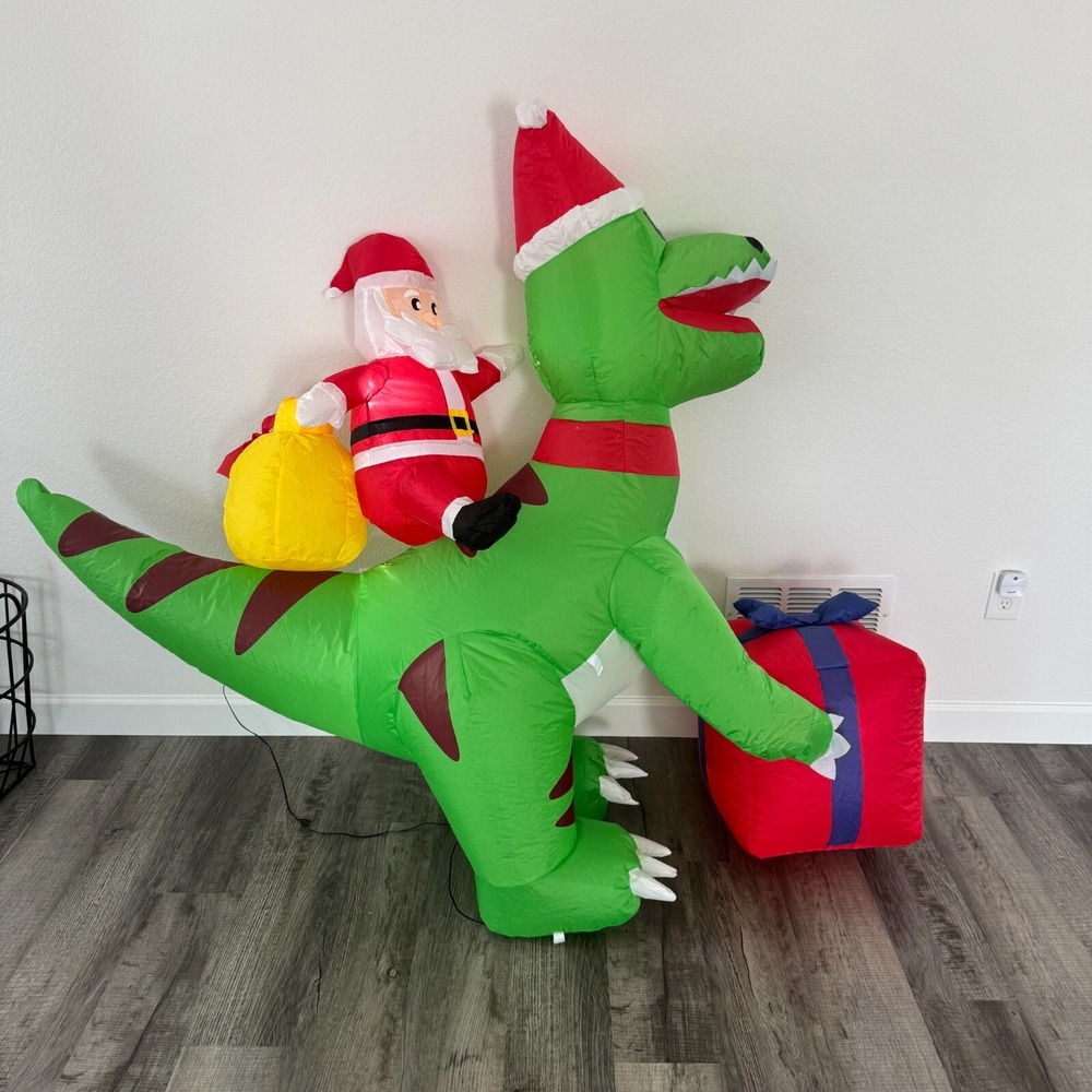 Christmas Santa‎ Riding Dinosaur Airblown Inflatable Decor LED BlowUp Lawn Dino